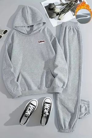 Unisex K-S CALİFORNİA MİNİMAL Baskılı Kapüşonlu Gri Eşofman Takımı - Kışlık Şardonlu Kumaş