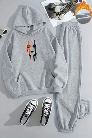 Unisex SANATSAL YÜZ Baskılı Kapüşonlu Gri Eşofman Takımı - Kışlık Şardonlu Kumaş
