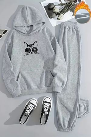 Unisex GOOD VBS KEDİ Baskılı Kapüşonlu Gri Eşofman Takımı - Kışlık Şardonlu Kumaş