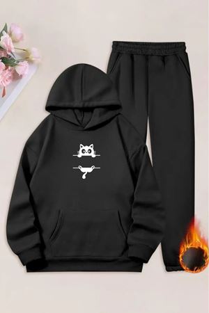 Unisex Siyah Çizgi Kedi Baskılı Eşofman Kapüşon- Kışlık Şardonlu Kumaş