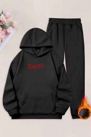 Unisex Siyah HAWAİİ Baskılı Eşofman Kapüşon- Kışlık Şardonlu Kumaş