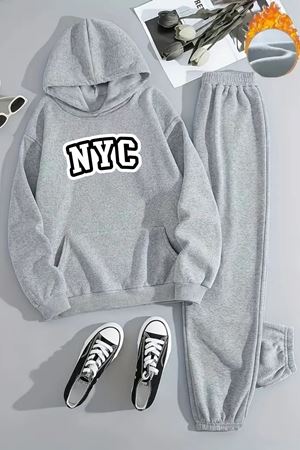 Unisex NYC Baskılı Kapüşonlu Gri Eşofman Takımı - Kışlık Şardonlu Kumaş