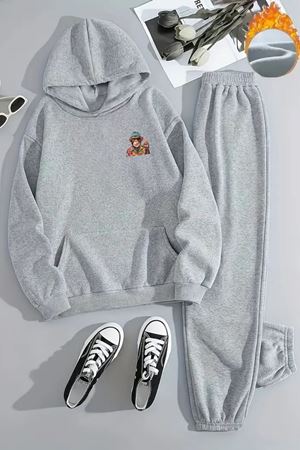 Unisex COOL MAYMUN Baskılı Kapüşonlu Gri Eşofman Takımı - Kışlık Şardonlu Kumaş