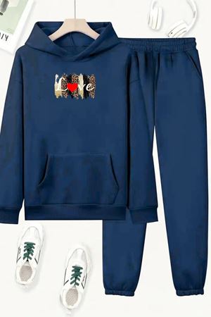 Unisex Lacivert LOVE DESEN Baskılı Eşofman Kapüşon- Kışlık Şardonlu Kumaş