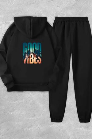 Unisex Siyah GOOD VİBES Sırt Baskılı Eşofman Kapüşon- Kışlık Şardonlu Kumaş