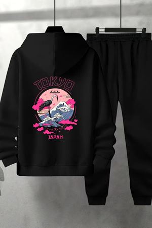 Unisex Siyah Tokyo Sırt Baskılı Eşofman Kapüşon- Kışlık Şardonlu Kumaş