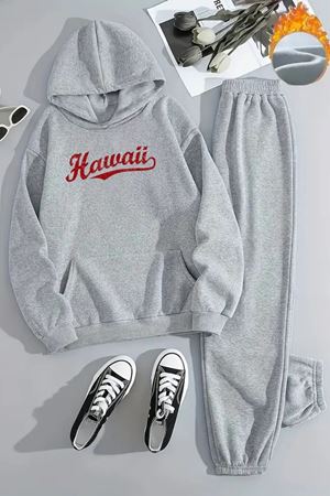 Unisex KIRMIZI HAWAİ Baskılı Kapüşonlu Gri Eşofman Takımı - Kışlık Şardonlu Kumaş