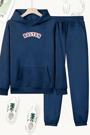 Unisex Lacivert BOSTON KIRMIZI Baskılı Eşofman Kapüşon- Kışlık Şardonlu Kumaş