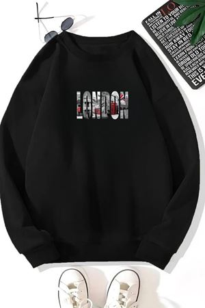 Unisex Siyah LONDON Baskılı Bisiklet Yaka Sweatshirt- Kışlık Şardonlu Kumaş