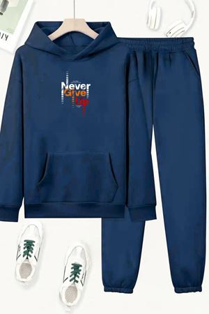 Unisex Lacivert NEVER GİVE UP Baskılı Eşofman Kapüşon- Kışlık Şardonlu Kumaş