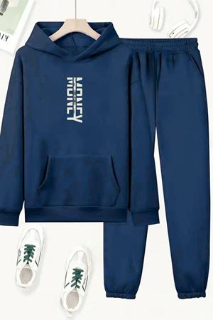 Unisex Lacivert MONEY Baskılı Eşofman Kapüşon- Kışlık Şardonlu Kumaş