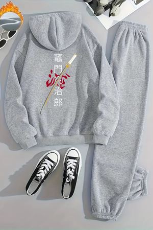 Unisex JAPON KILIÇ Baskılı Kapüşonlu Gri Eşofman Takımı - Kışlık Şardonlu Kumaş