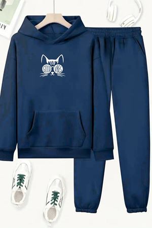 Unisex Lacivert GOOD VİBES CAT Baskılı Eşofman Kapüşon- Kışlık Şardonlu Kumaş