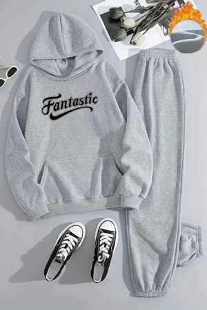 Unisex YILDIZ DETAYLI FANTASTİC Baskılı Kapüşonlu Gri Eşofman Takımı - Kışlık Şardonlu Kumaş