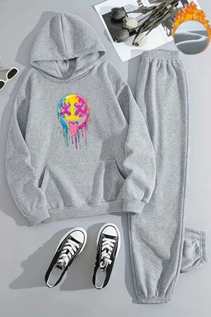 Unisex Renkli Yüz Baskılı Gri Eşofman Takımı - Kışlık Şardonlu Kumaş