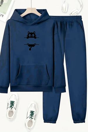 Unisex Lacivert ÇİZGİ KEDİ Baskılı Eşofman Kapüşon- Kışlık Şardonlu Kumaş