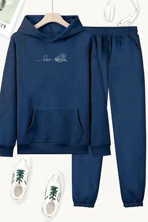 Unisex Lacivert LOVE ÇİÇEK Baskılı Eşofman Kapüşon- Kışlık Şardonlu Kumaş