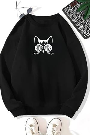 Unisex Siyah GOOD VİBES CAT Baskılı Bisiklet Yaka Sweatshirt- Kışlık Şardonlu Kumaş