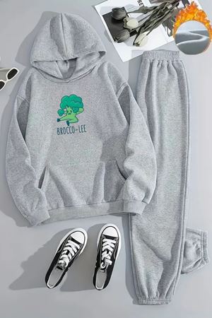 Unisex BROCCO-LEE Baskılı Kapüşonlu Gri Eşofman Takımı - Kışlık Şardonlu Kumaş