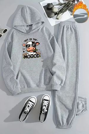 Unisex MOOOD İNEK Baskılı Kapüşonlu Gri Eşofman Takımı - Kışlık Şardonlu Kumaş