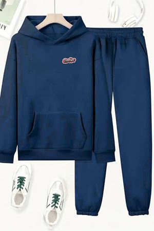 Unisex Lacivert MİNİ BROOKLYN KIRMIZI Baskılı Eşofman Kapüşon- Kışlık Şardonlu Kumaş