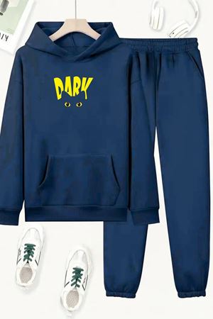 Unisex Lacivert DARK CAT Baskılı Eşofman Kapüşon- Kışlık Şardonlu Kumaş