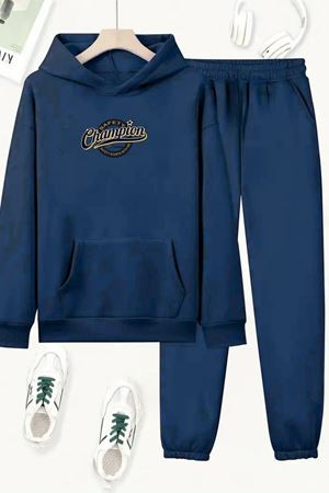 Unisex Lacivert CHAMPİON Baskılı Eşofman Kapüşon- Kışlık Şardonlu Kumaş