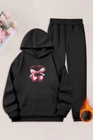 Unisex Siyah Very Cherry Baskılı Eşofman Kapüşon- Kışlık Şardonlu Kumaş