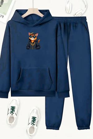 Unisex Lacivert COOL CAT Baskılı Eşofman Kapüşon- Kışlık Şardonlu Kumaş