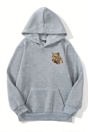 Unisex Gri Kapüşonlu Sweatshirt – Minimal Desenli Leopar,Şardonlu Kalın Kumaş