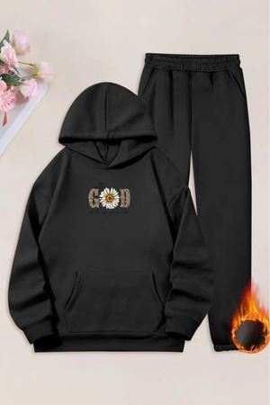 Unisex Siyah GOD Çiçek Baskılı Eşofman Kapüşon- Kışlık Şardonlu Kumaş