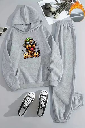 Unisex BRUH DOG Baskılı Kapüşonlu Gri Eşofman Takımı - Kışlık Şardonlu Kumaş