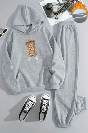 Unisex NYC AYICIK Baskılı Kapüşonlu Gri Eşofman Takımı - Kışlık Şardonlu Kumaş