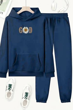 Unisex Lacivert GOD ÇİÇEK Baskılı Eşofman Kapüşon- Kışlık Şardonlu Kumaş