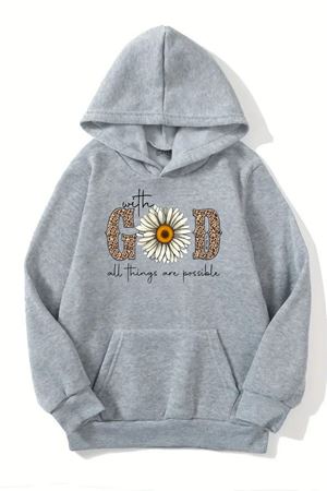 Unisex Gri Kapüşonlu Sweatshirt – With God Baskılı, Şardonlu Kalın Kumaş