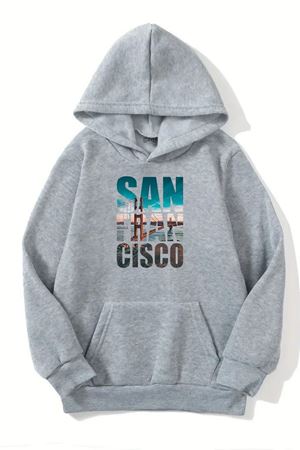Unisex Gri Kapüşonlu Sweatshirt – San Fran CıscoBaskılı,lŞardonlu Kalın Kumaş