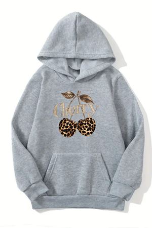Unisex Gri Kapüşonlu Sweatshirt – Leopar Cherry Baskılı, Şardonlu Kalın Kumaş