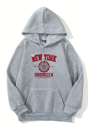 Unisex Gri Kapüşonlu Sweatshirt – New York Brooklyn Baskılı, Şardonlu Kalın Kumaş