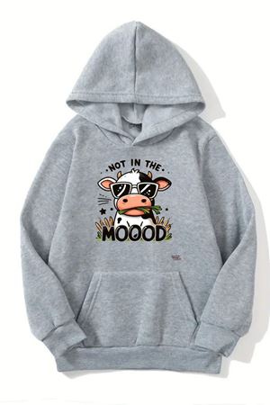 Unisex Gri Kapüşonlu Sweatshirt – Not İn The Moood Us Baskılı,Şardonlu Kalın Kumaş