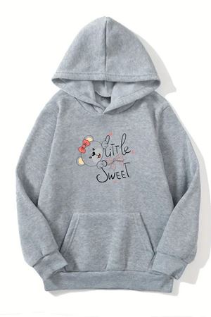 Unisex Gri Kapüşonlu Sweatshirt – Litle Sweat Baskılı, Şardonlu Kalın Kumaş