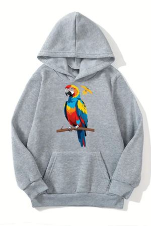 Unisex Gri Kapüşonlu Sweatshirt – Papağan Baskılı, Şardonlu Kalın Kumaş