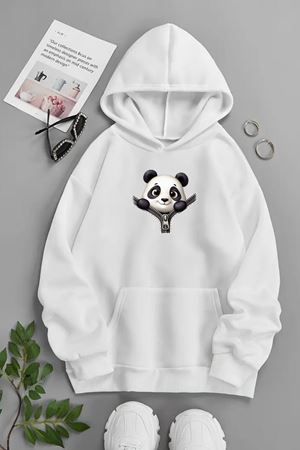 Unisex Beyaz Kapüşonlu Sweatshirt – Zip Panda,Baskılı Şardonlu Kalın Kumaş