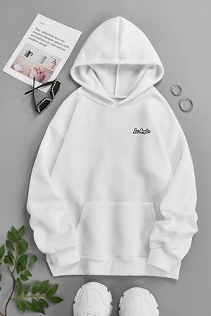 Unisex Beyaz Kapüşonlu Sweatshirt – MİNİMAL LOS ANGELES BEYAZ Baskılı Şardonlu Kalın Kumaş