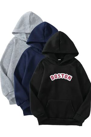 3'lü Kapüşonlu Sweatshirt-Kırmızı Boston-Siyah,Lacivert,Gri-Kışlık Şardonlu Kumaş