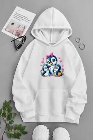 Unisex Beyaz Kapüşonlu Sweatshirt – PENGUEN ,Baskılı Şardonlu Kalın Kumaş