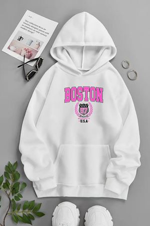 Unisex Beyaz Kapüşonlu Sweatshirt – Boston Usa ,Baskılı Şardonlu Kalın Kumaş