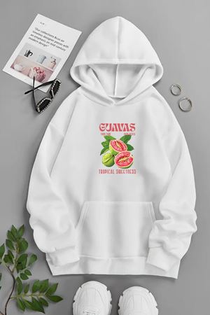 Unisex Beyaz Kapüşonlu Sweatshirt – Guavas ,Baskılı Şardonlu Kalın Kumaş