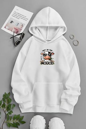 Unisex Beyaz Kapüşonlu Sweatshirt – NOT IN THE MOOD ,Baskılı Şardonlu Kalın Kumaş