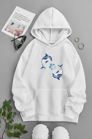Unisex Beyaz Kapüşonlu Sweatshirt – 2Li Yunus ,Baskılı Şardonlu Kalın Kumaş