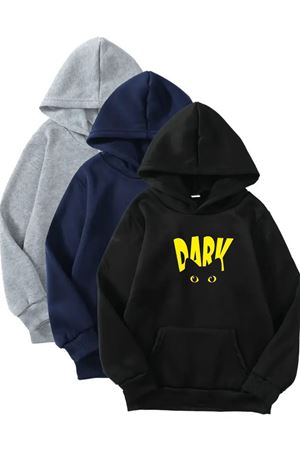 3'lü Kapüşonlu Sweatshirt Seti- Dark Kedi Baskılı- Siyah, Lacivert, Gri - Kışlık Şardonlu Kumaş